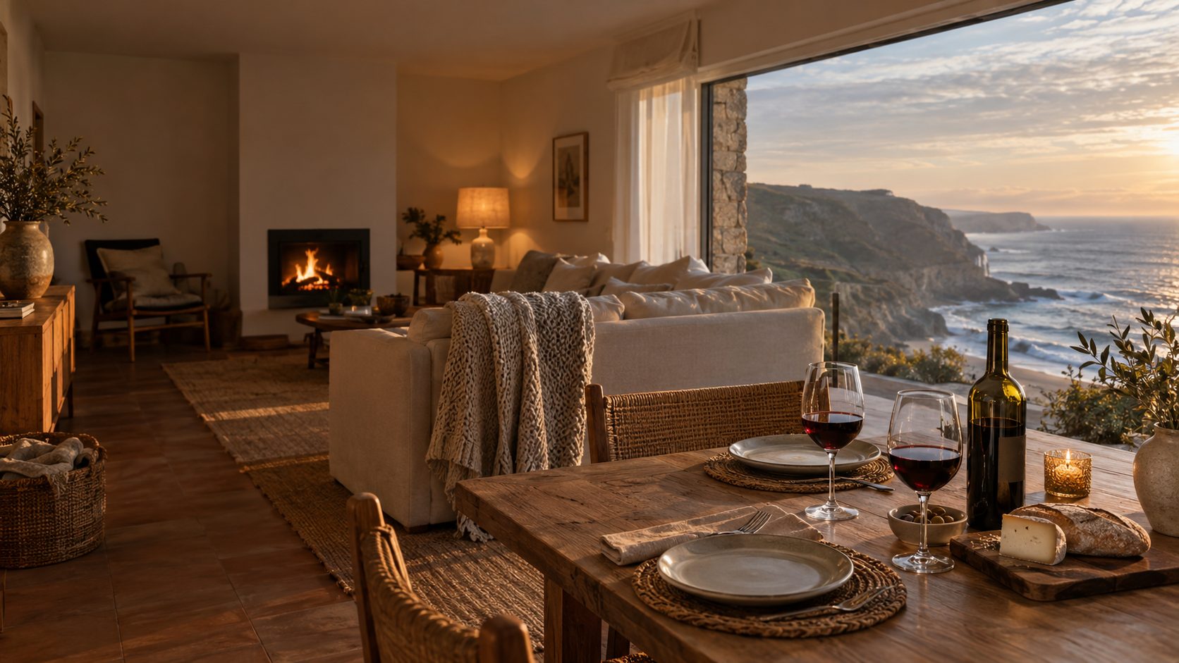 Imagem ilustrativa gerada por IA: sala acolhedora no inverno, mesa com vinho e vista para o mar; não representa um alojamento concreto.
